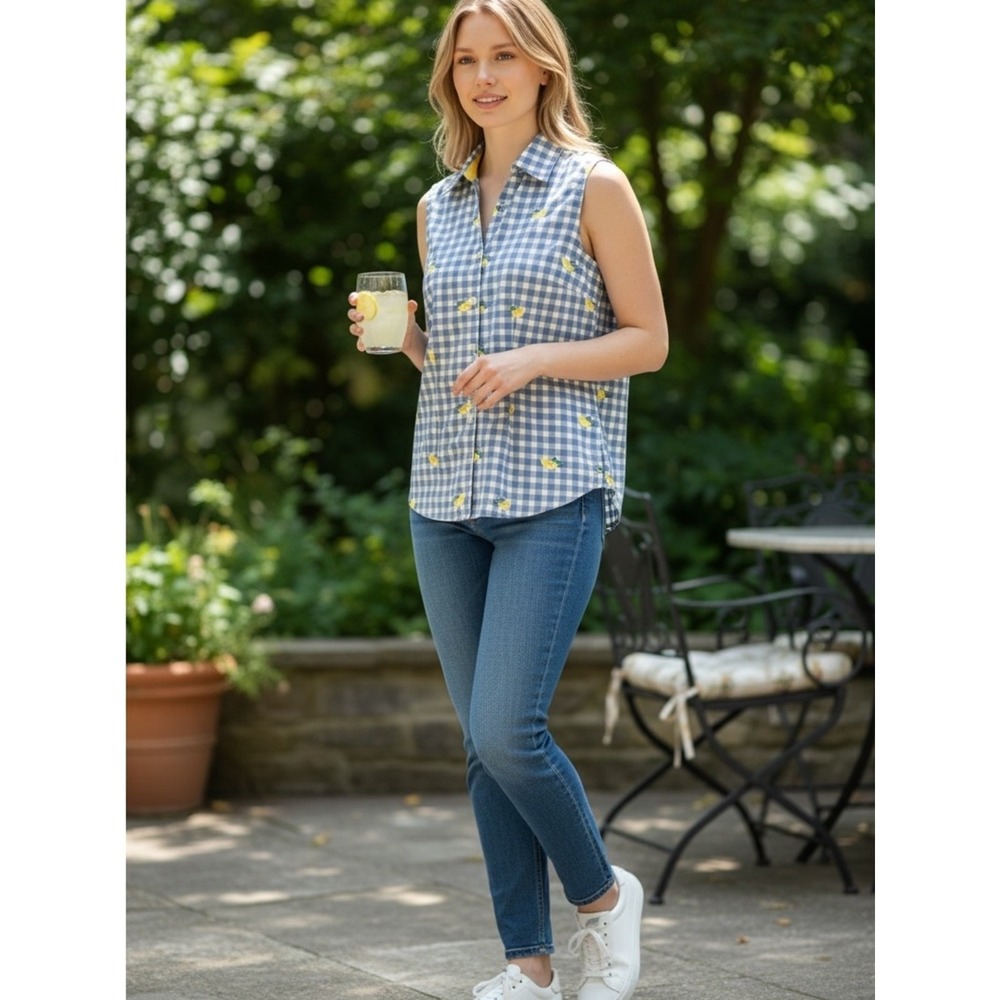 Laura Scott women's blue white Gingham Lemon embroidery sleeveless button blouse